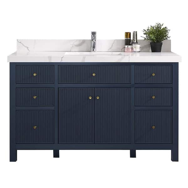 Willow Collections Sonoma 60 in. W x 22 in. D x 36 in. H Single Sink Bath Vanity in Navy Blue with 2 in Calacatta Laza Quartz Vanity Top