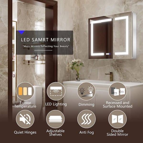 30 in. W x 26 in. H Rectangular Silver Aluminum Recessed/Surface Mount Medicine Cabinet with Mirror and LED