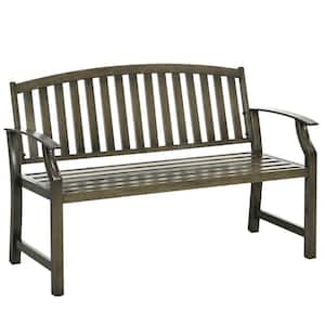 Outdoor Garden Bench 46 in. 2-Person Wood Look Slatted Frame Furniture for Patio Brown Metal Outdoor Bench