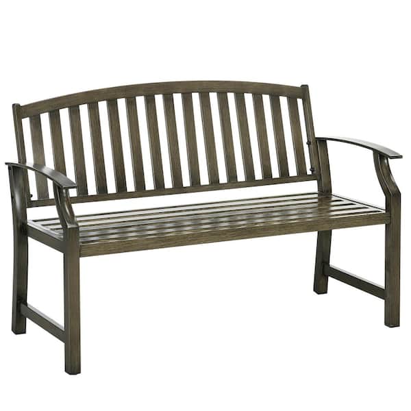 ITOPFOX Outdoor Garden Bench 46 in. 2-Person Wood Look Slatted Frame Furniture for Patio Brown Metal Outdoor Bench