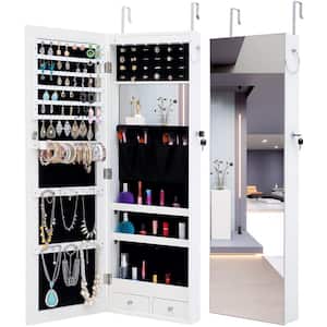 White Wall Mount Lockable Storage/Organize Jewelry Armoire Mirror Cabinet LED Lights 43.6 in. Hx 14.4 in. W x 3.9 in. D