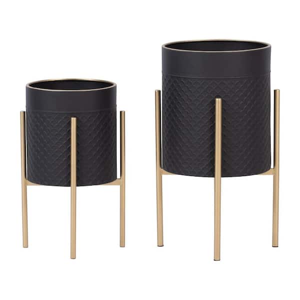 Iron S/2 AZTEC Planter on Iron Stand, Black/Gold-14.00 in. x 14.00 in. x 23.00 in.