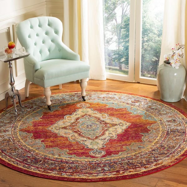 Crystal Orange/Light Blue 7 ft. x 7 ft. Round Border Area Rug