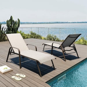 Brown 2-Piece Aluminum Adjustable Outdoor Patio Chaise Lounge in Beige with Armrest