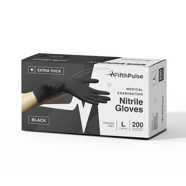 Large Nitrile Exam Latex Free and Powder Free THICKER Gloves - (4 mil) in Black - Box of 200