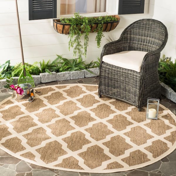 Beach House Beige/Cream 7 ft. x 7 ft. Round Trellis Geometric Indoor/Outdoor Area Rug