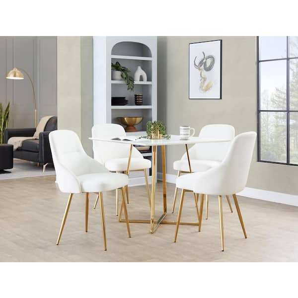 York Gold Metal and White Faux Leather Upholstered Chair with Metal Legs (Set of 2)