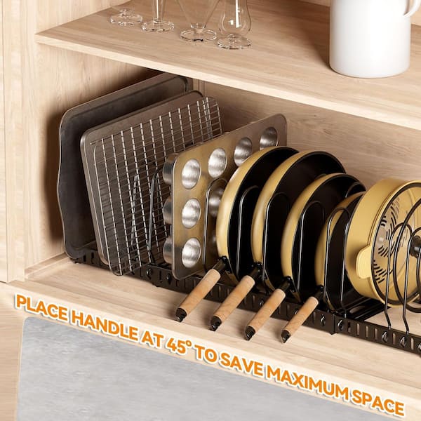 Black Adjustable Expandable Pot and Pan Organizer Rack with 12 Divider Holders for Cabinet or Counter Storage