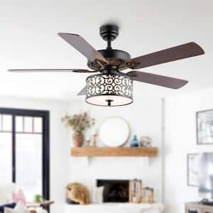 Paolo 52 in. 3-Light Farmhouse Industrial Iron Scroll Drum Shade LED Ceiling Fan With Remote, Black/White