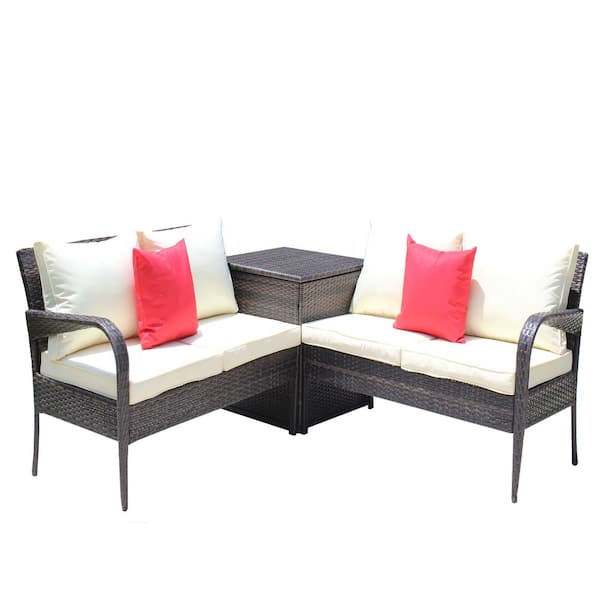 maocao hoom Brown Wicker Outdoor Chaise Lounge with Beige Cushions and Storage Box