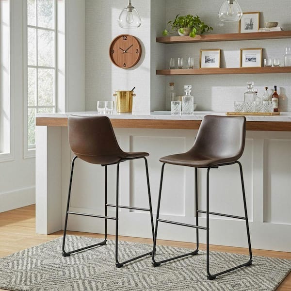 28.5 in. Dark Brown Adan Iron Frame Faux Leather Bar Stool(Set of 2)