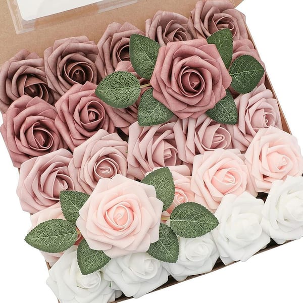 Afoxsos 9 in. H 25 Pieces Dusty Rose Ombre Artificial Roses with Stems for DIY Wedding Bouquets and Home Decor