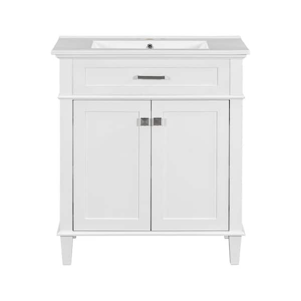 30 in. Single Sink Elegant White Cabinet Bath Vanity with White Ceramic Top, Soft Close Door and Adjustable Shelves