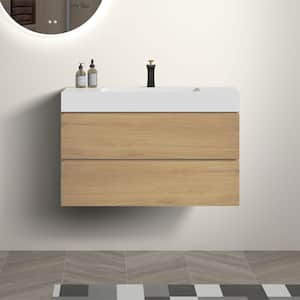 NOBLE 36 in. W x 18 in. D x 25 in. H Single Sink Freestanding Bath Vanity in Oak with White Solid Surface Integral Top