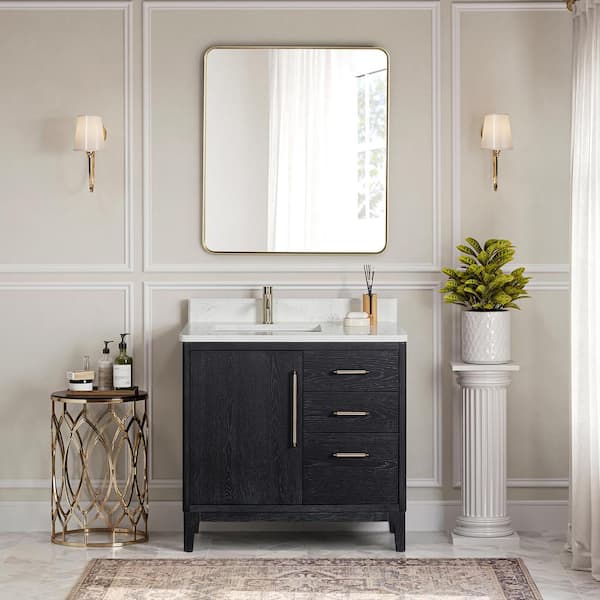ROSWELL Gara 36 in. W x 22 in. D x 33.9 in. H Single Sink Bath Vanity in Fir Black with White Grain Composite Stone Top