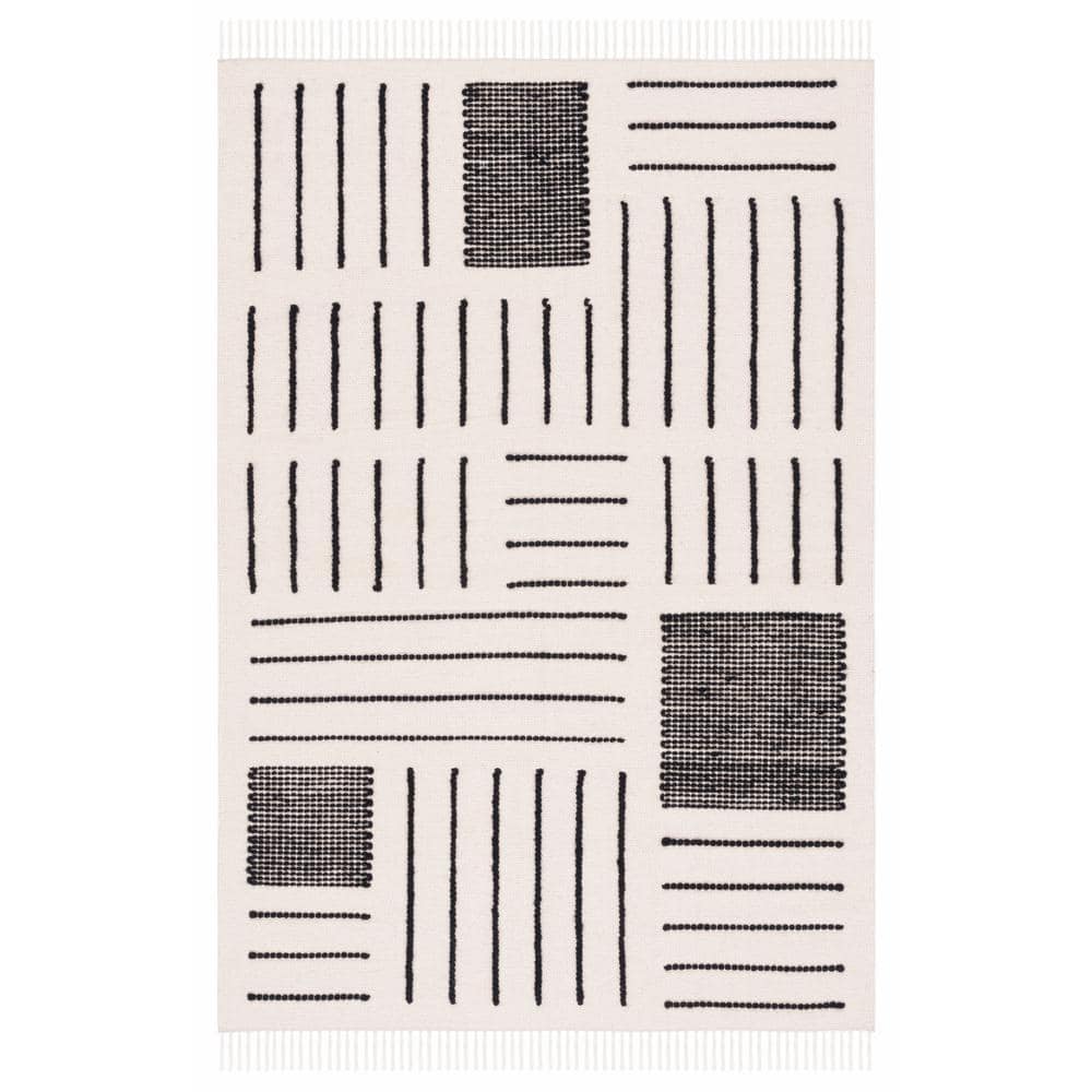 Black and Ivory 4' x 6' Hand Woven Wool Cotton Area Rug