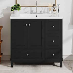 36 in. W Single Sink Bath Vanity in Black with White Solid Surface Top, USB Charging Ports, 2 Doors and 3 Drawers