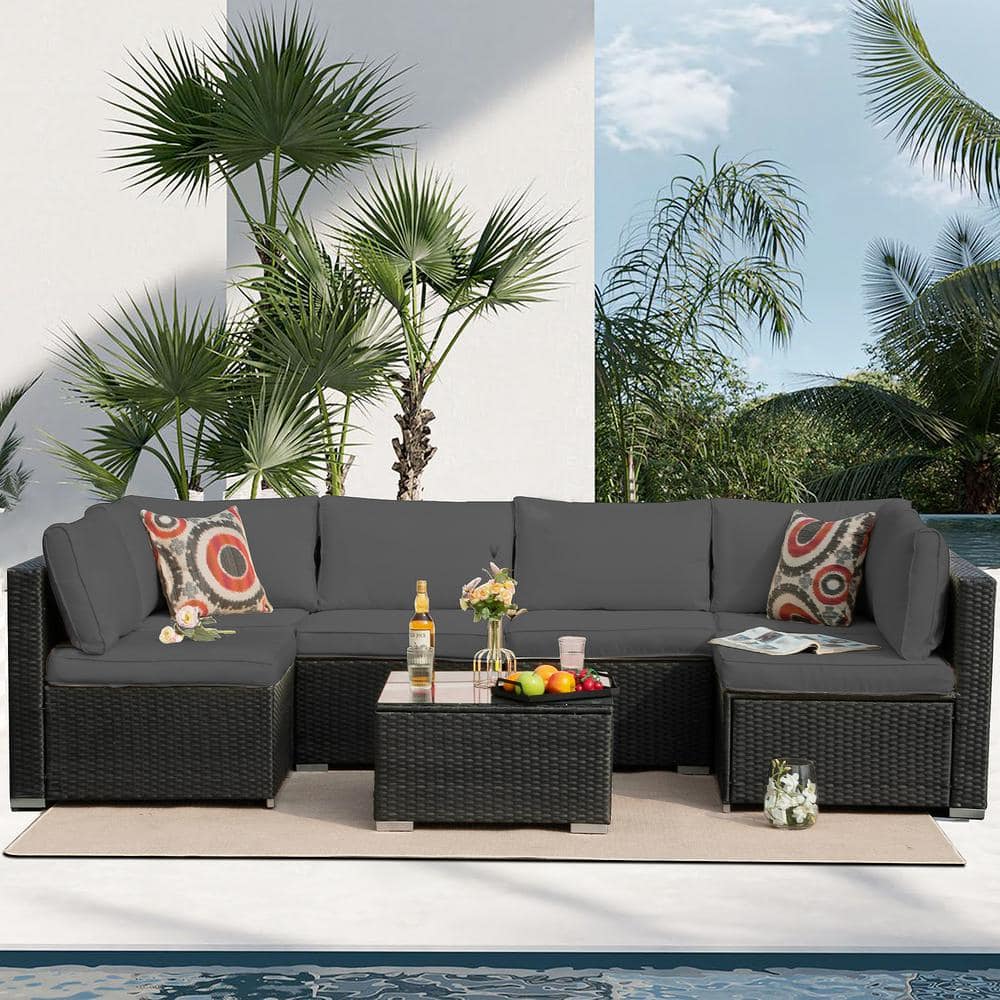 7-Piece Black Rattan Wicker Outdoor Patio Sectional Sofa Set with Dark Gray