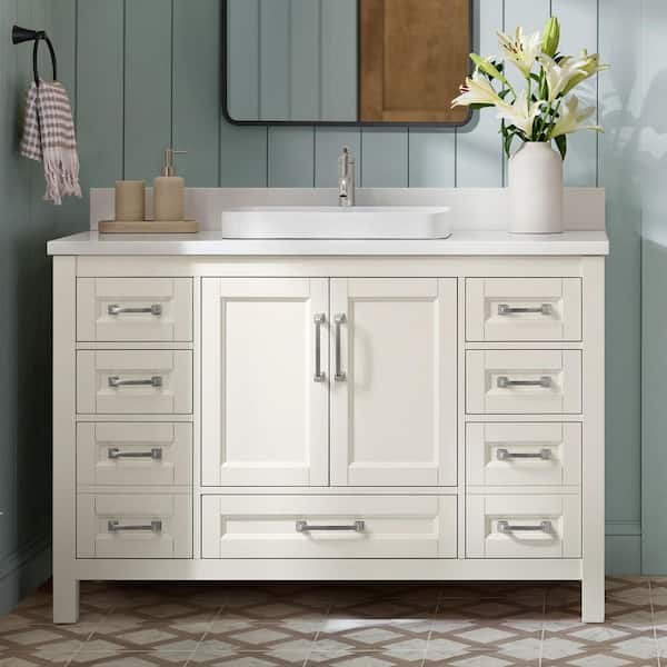 Bentworth 48 in. Single Semi-Recessed Sink Warm White Bath Vanity with White Engineered Marble Top (Assembled)