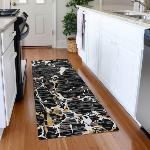 Mayfield Premium Machine Washable Abstract AMF1046 Black 2 ft. 3 in. x 7 ft. 6 in. Runner Rug
