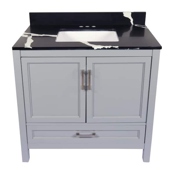 Ella Nevado 37 in. W x 22 in. D x 36 in. H Bath Vanity in Gray with Quartz Stone Calacatta Black Top with White Basin