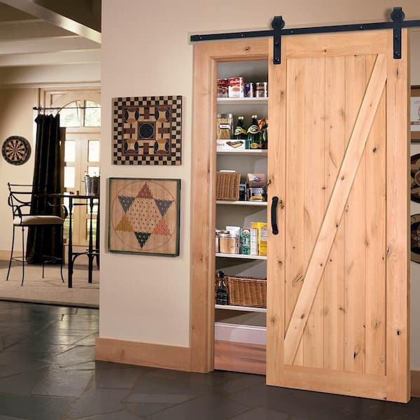 42 in. x 84 in. Z-Bar Knotty Alder Wood Interior Sliding Barn Door Slab with Hardware Kit 42 in. x 84 in. Z-Bar Knotty Alder Wood Interior Sliding Barn Door Slab with Hardware Kit