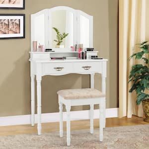 3-Piece White Bedroom Set Tri Folding Mirror Vanity Makeup Table Stool Set Home Furni with (4-Drawers)
