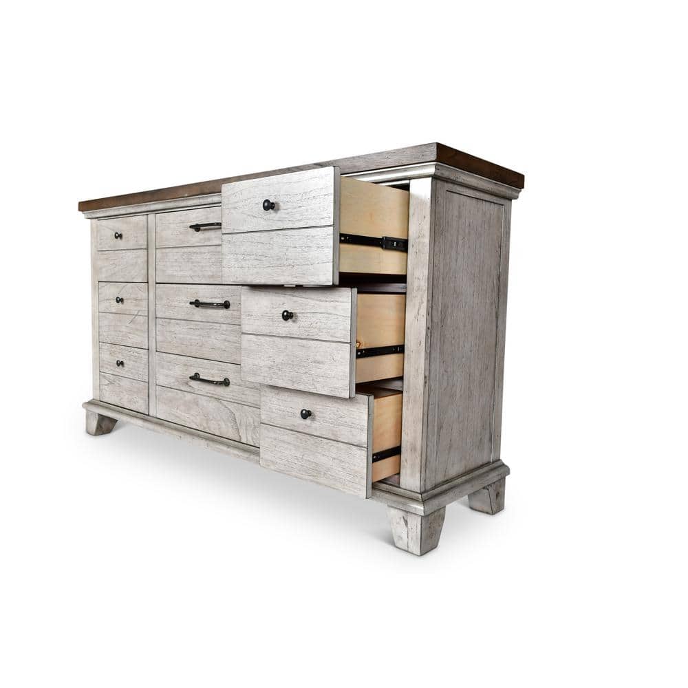 Rustic Ivory and Honey 9-Drawer Dresser with Mirror