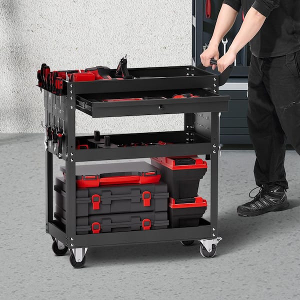 4-Tier Tool Cart with Wheels, 13.78 in. W 1 Drawer 3 Shelf Black Steel Tool Cart with Locking System