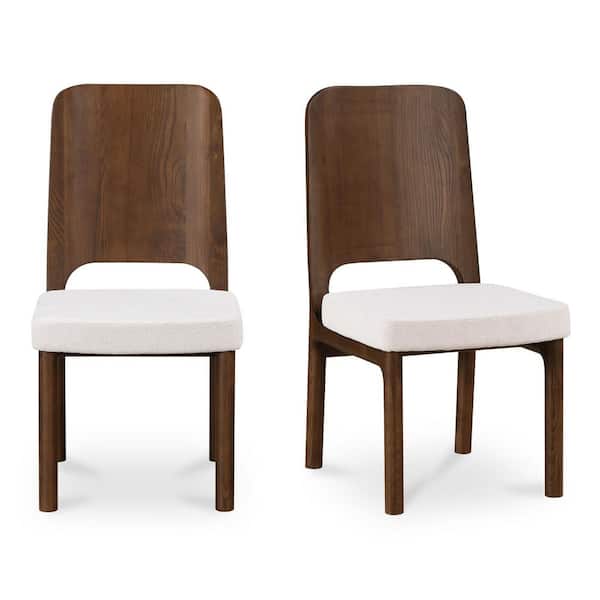 Melisette Beige Performance Fabric High-Back Walnut Stained Solid Ash Wood Dining Chair with Carved Details (Set of 2)