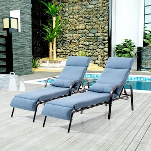 2-Piece Metal Outdoor Chaise Lounge with Dark Blue Cushions