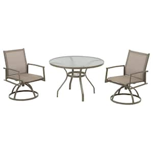 3-Piece Brown Cast Aluminum Iron Patio Outdoor Bistro Set with Tan PVC Sling Swivel Rocker Chairs, Round Cast-Top