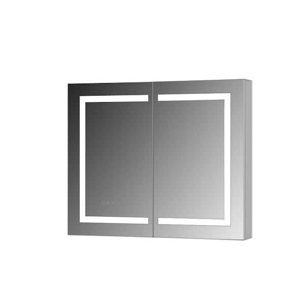 MCOCOD 36 in. W x 30 in. H Frameless Rectangular Silver Aluminum Surface Mount Medicine Cabinet with Mirror and Anti-Fog Film