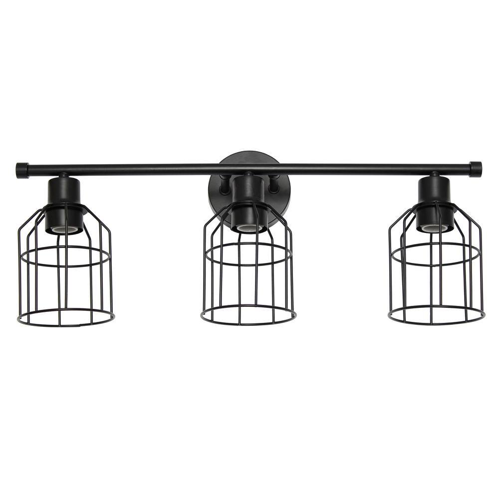 Black Industrial 3-Light Vanity Fixture with Wire Cage Shades