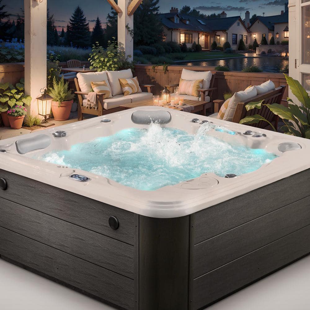 Gloss White and Grey 5-Person Rectangle Electric Hot Tub