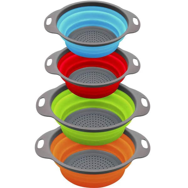 Collapsible Colander and Strainer Set of 4, Food-grade Sturdy Plastic Base,Space-save Silicone Kitchen Foldable Strainer