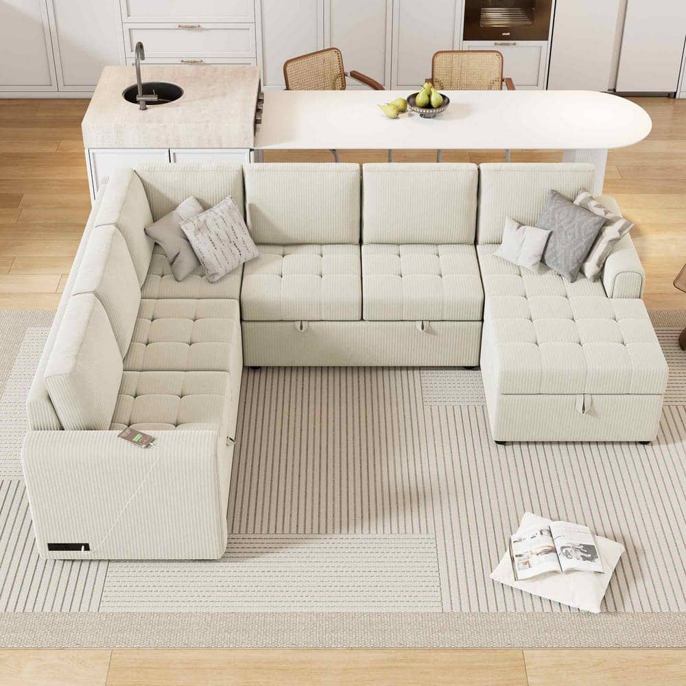 107.5 in. Square Arm Corduroy U-shaped Sectional Sofa in Beige with Sofa Bed,Storage Lounge and Charging Devices