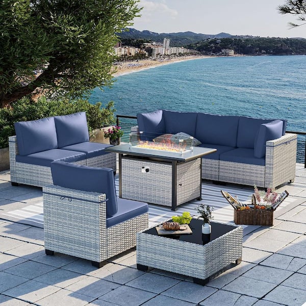 muphyers 8-Piece Wicker Patio Conversation Set with 55,000-BTU Fire Pit Table and Glass Top Table with Navy Blue Cushions