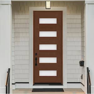 Regency 36 in. x 96 in. 5L Modern Frosted Glass RHIS Chestnut Stained Fiberglass Prehung Front Door