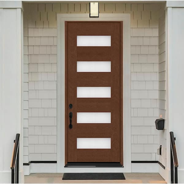 Regency 36 in. x 80 in. 5L Modern Clear Glass RHIS Chestnut Stained Fiberglass Prehung Front Door