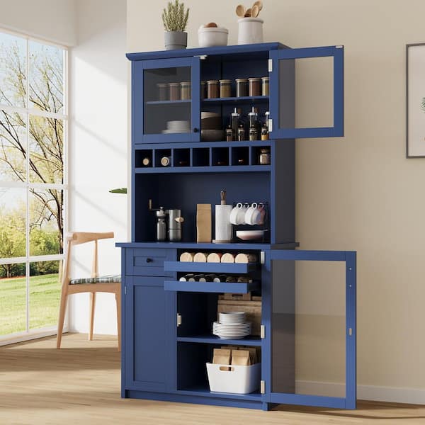Blue 74.8 in. H Kitchen Pantry Storage Cabinet with Wine Rack, Pull-Out Bottle Trays, Freestanding Buffet with Hutch