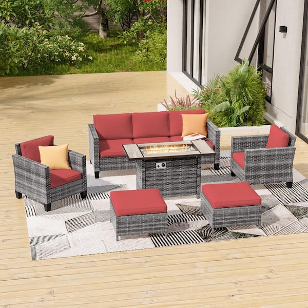 Sonkuki 6-Pieces Patio Conversation Set with Rectangle Fire Pit Table and Ottomans, PE Gray Wicker Sofa with Rust Red Cushion