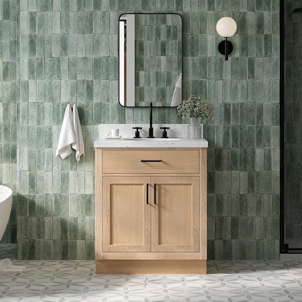 Hepburn 30 in. W x 22 in. D x 36 in. H Single Freestanding Bath Vanity in Oak with Carrara White Quartz Top