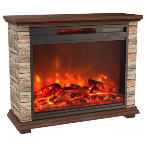 Lifesmart Stone Series 31 in. Freestanding Electric Fireplace with Remote Control in Off White Faux Stone and Walnut Mantel