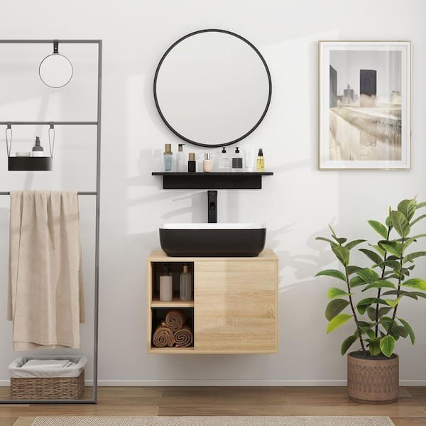24 in. W Single Sink Burlywood Bath Vanity with Black/White Rectangular Solid Surface Top Sink and Mirror