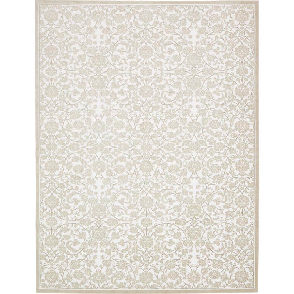 Ivory Floral Rectangular Stain-Resistant Synthetic Rug, 10x13 ft