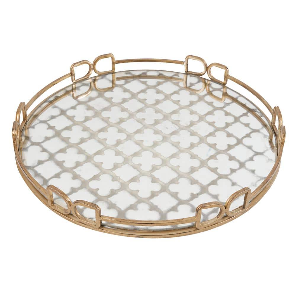 Round Gold and Frosted Glass Decorative Tray with Metal Frame