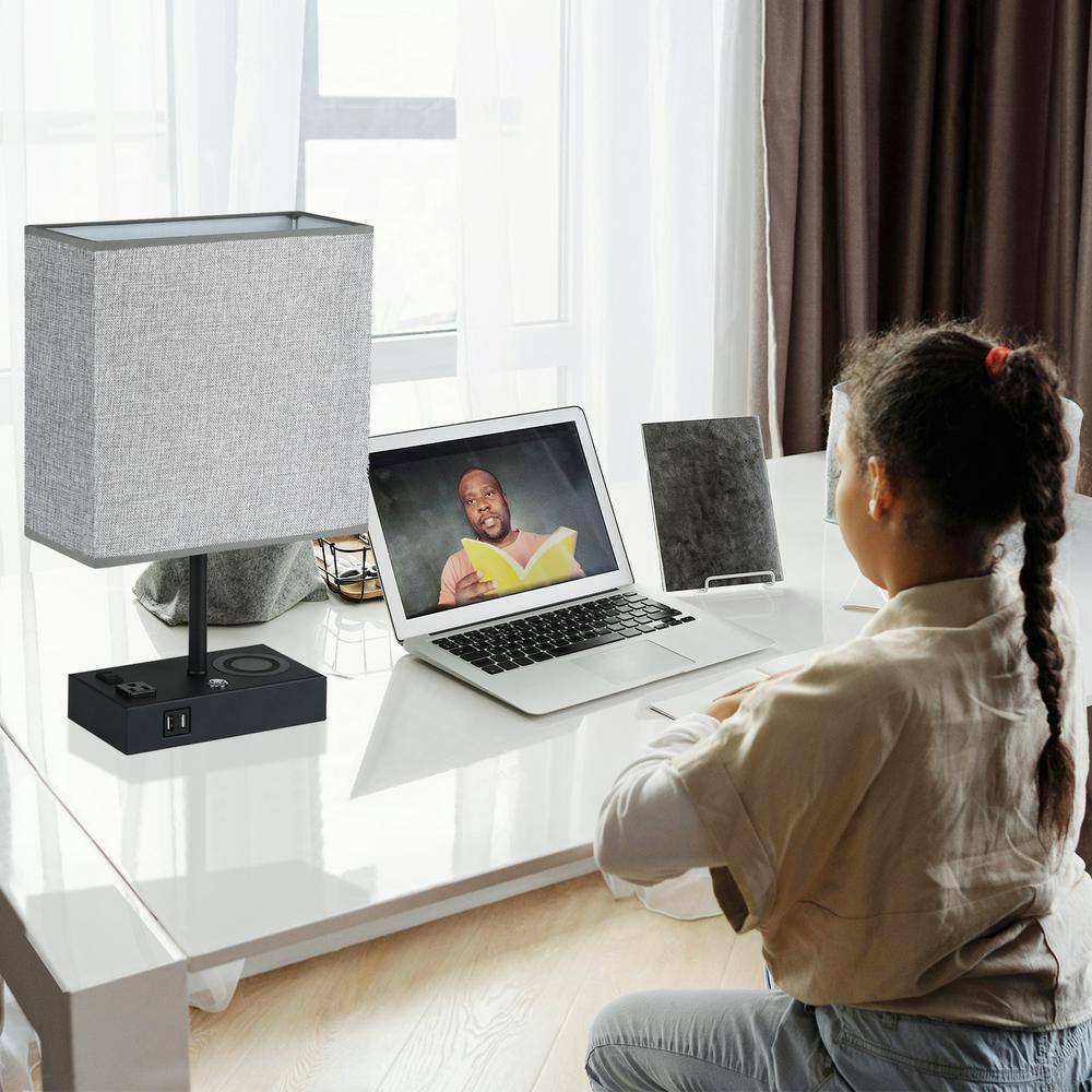 17 in. Black Wireless Charging Table Lamp with USB Port