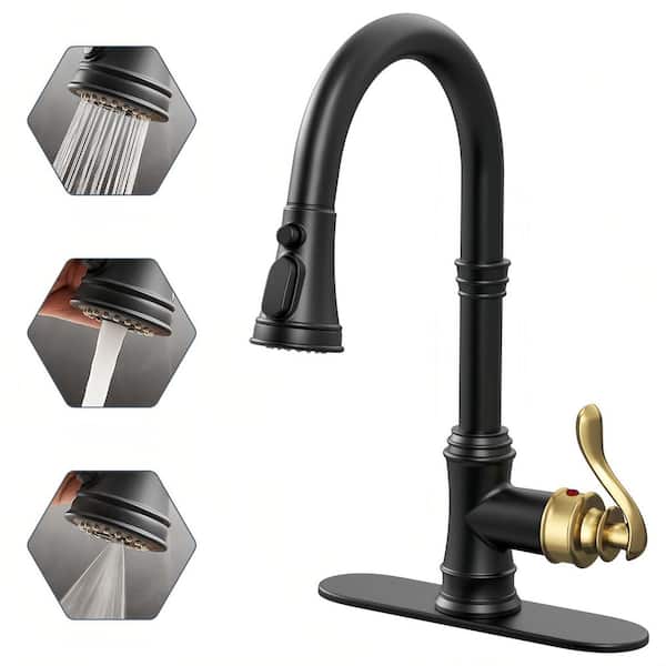 HOMEMYSTIQUE Single Handle Gold Black 14.4 in. H 3-Function Pull-Down Sprayer Kitchen Faucet W/ 360 Swivel, Deck Mount