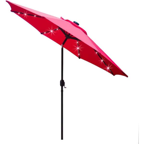 Dyiom 9 ft. Solar LED Lighted Patio Umbrella with 8 Ribs/Tilt Adjustment and Crank Lift System in Red, Beach Word